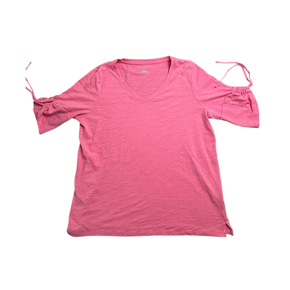 Talbots Shirt Womens LP Petite Pink V-Neck Slub Knit Tie Sleeve Casual‎ Chic